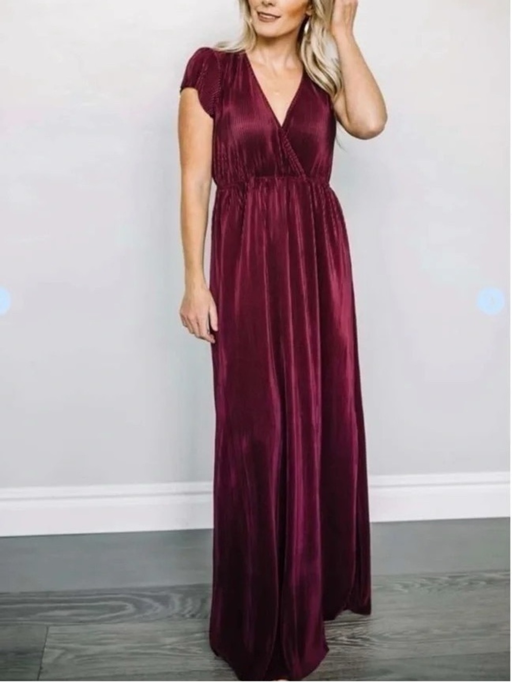Baltic Born Athena Burgundy Pleated Maxi Dress Short Sleeve Women's Large